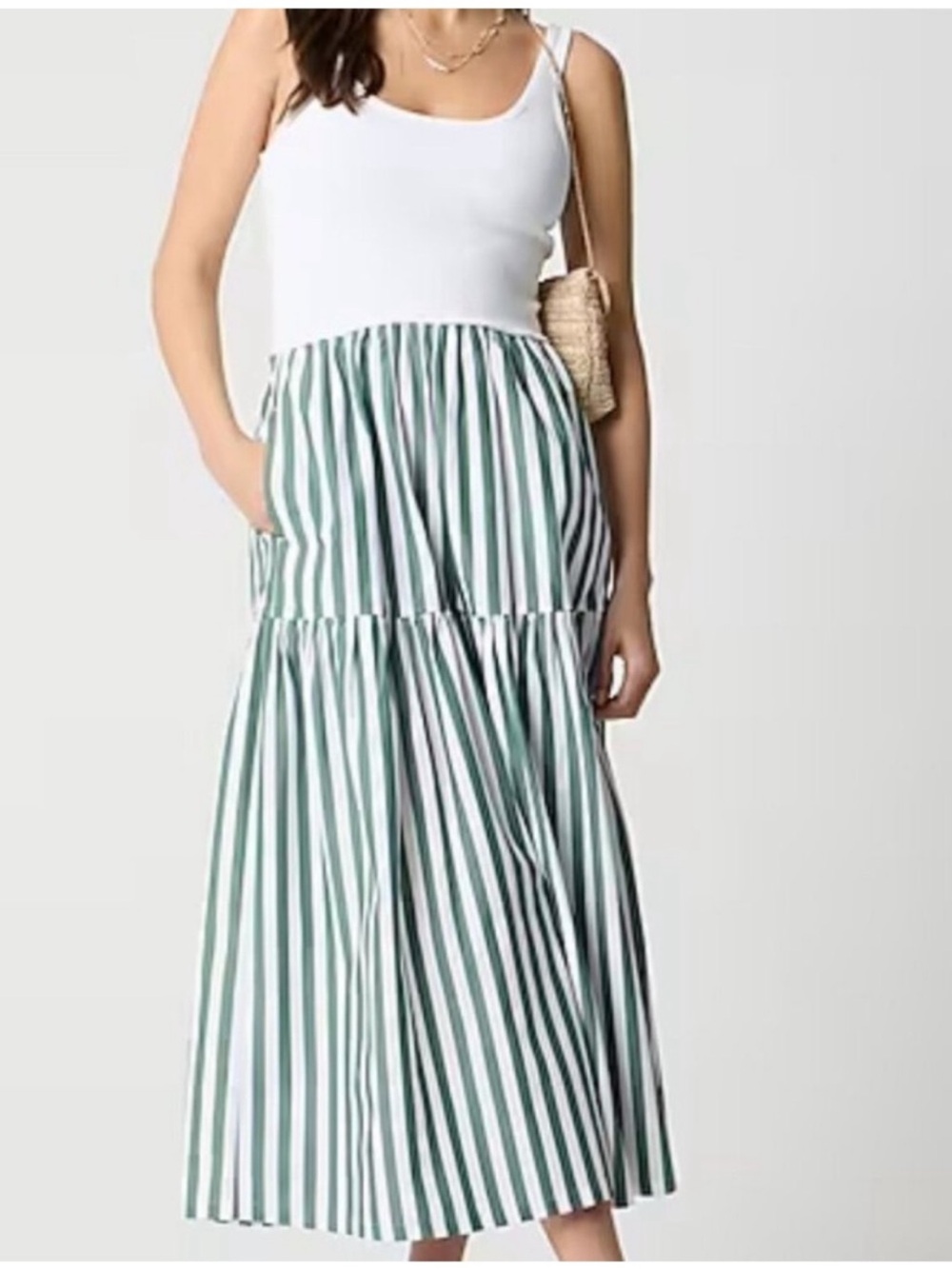 J. Crew Green and White Vertical Stripe Tiered Midi dress XXS